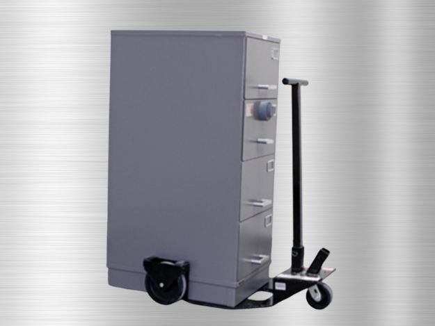 GSA security container on the SumoSpin cart, front view showing balanced, low-center-of-gravity design.